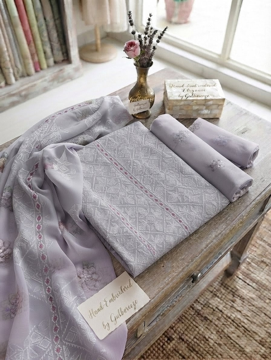 Premium Unstitched 3-Piece Charcoal Grey Embroidered Lawn Suit with Chiffon Dupatta
