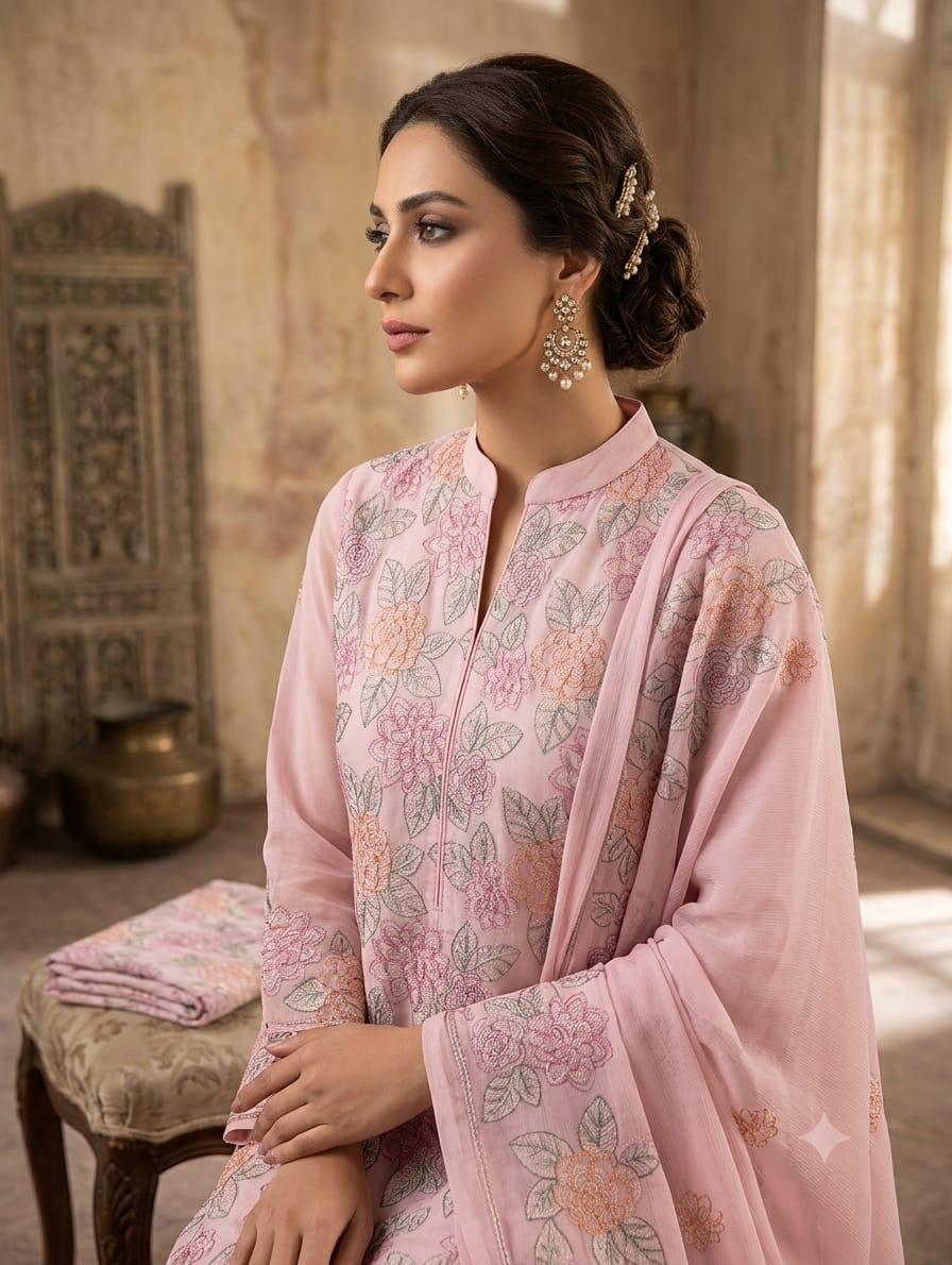Premium Unstitched 3-Piece Baby Pink Embroidered Lawn Suit with Chiffon Dupatta