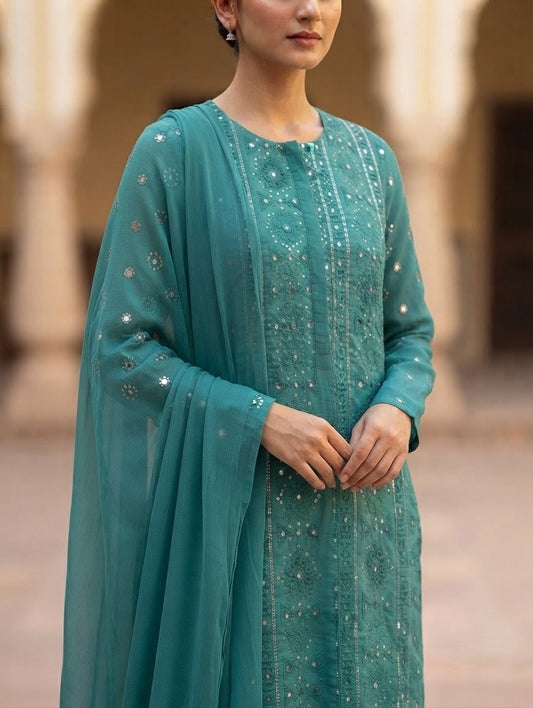Pure lawn three piece with plain chiffon dupatta
