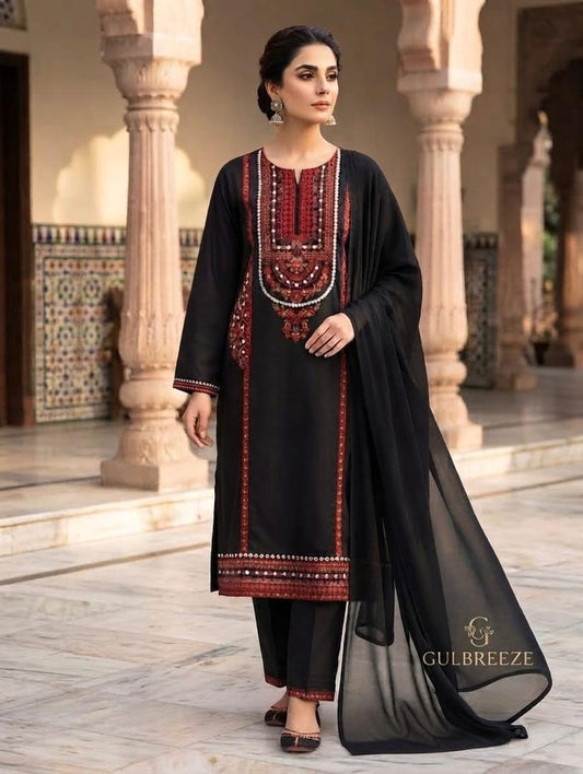 Black lawn shalwar kameez with plane chiffon dupatta