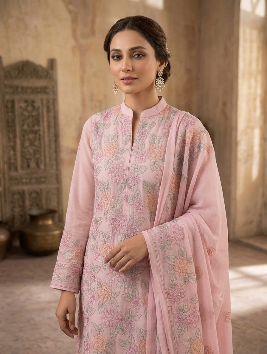 Premium Unstitched 3-Piece Baby Pink Embroidered Lawn Suit with Chiffon Dupatta