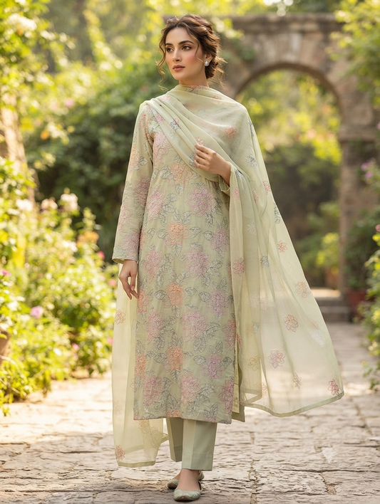 Lawn three piece with chiffon dupatta