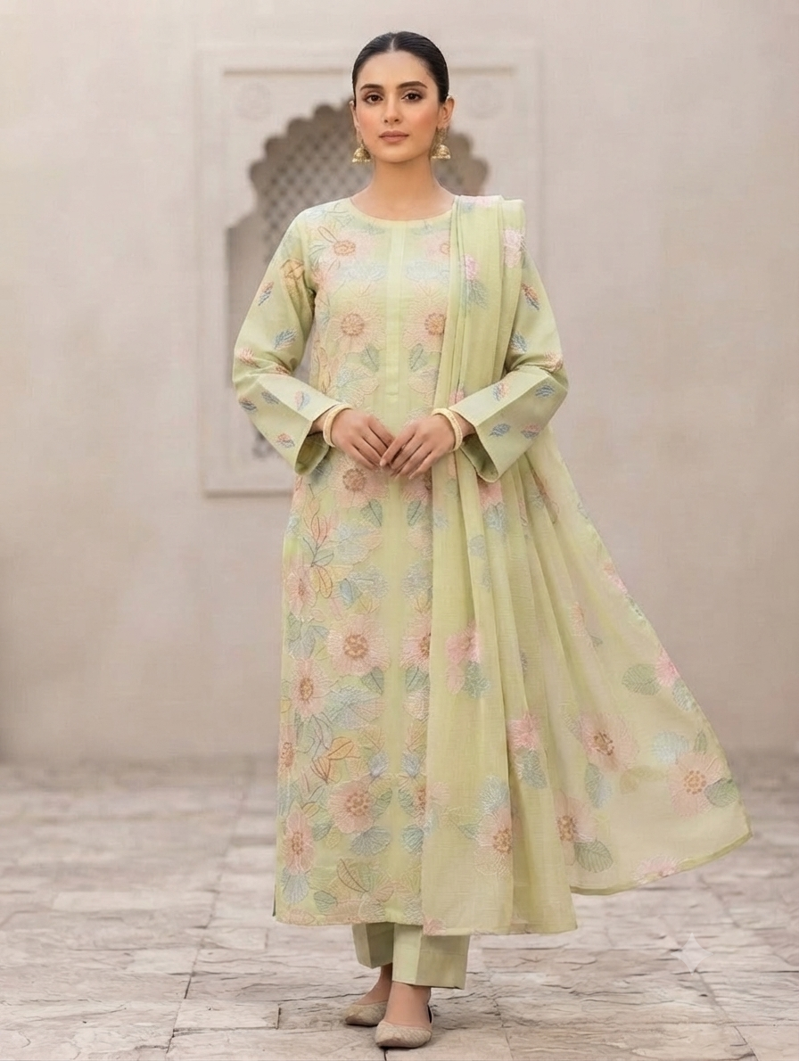 Lawn three piece with chiffon dupatta