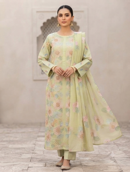 Lawn three piece with chiffon dupatta
