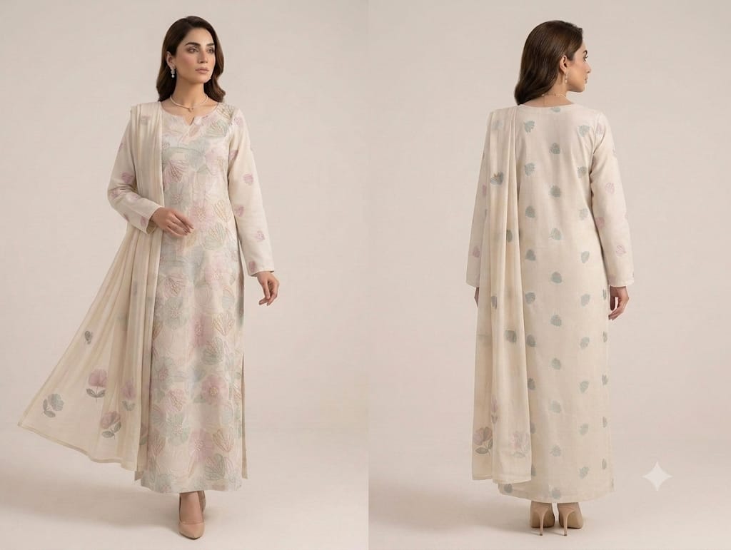 Pure lawn three piece with chiffon dupatta