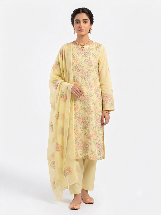 Premium Unstitched 3-Piece Pastel Lemon Yellow Embroidered Lawn Suit with Chiffon Dupatta