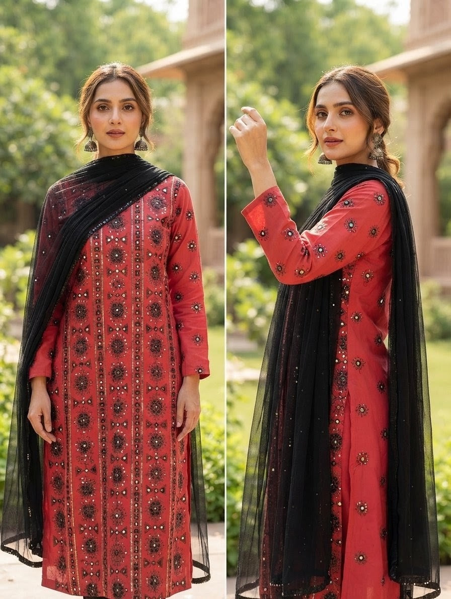 Lawn three piece with plain black chiffon dupatta