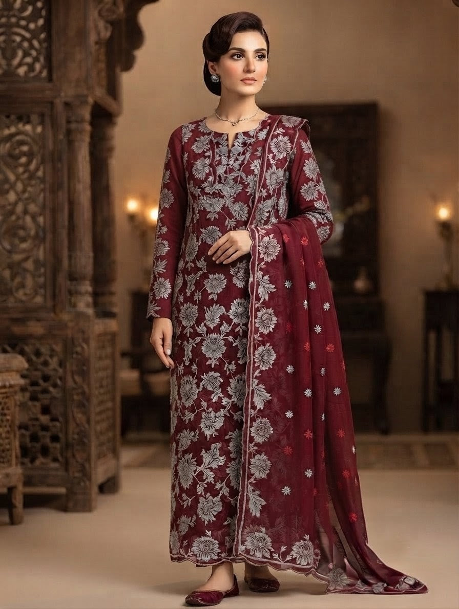 Chiffon suit with plain dyed trouser
