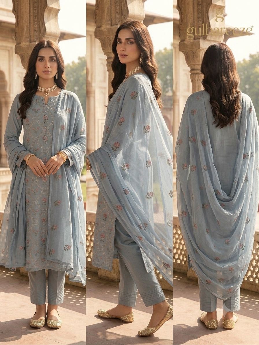 Lawn three piece with chiffon dupatta