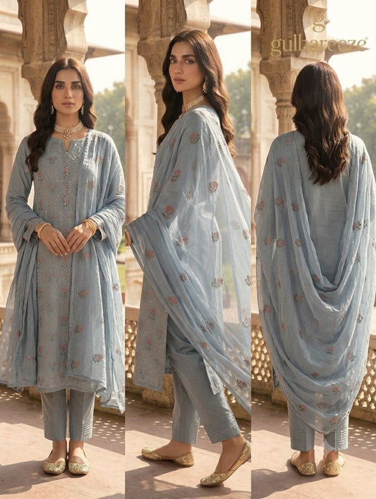 Lawn three piece with chiffon dupatta