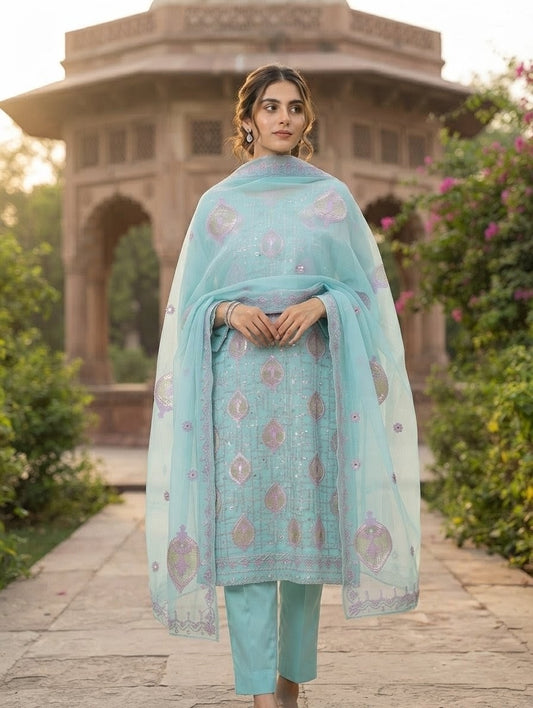 Lawn three piece with chiffon dupatta