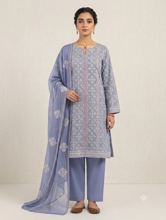 Unstitched 3-Pc Embroidered Lawn Suit with Chiffon Dupatta - [Lavender Blue ]
