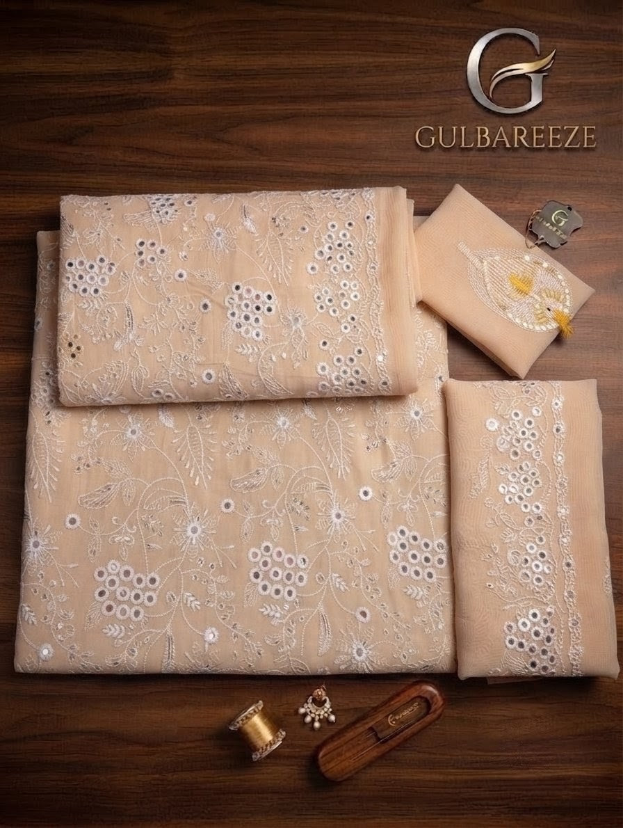 Lawn three piece with chiffon dupatta plain trouser and plain back