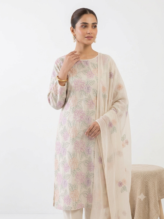 Premium Unstitched 3-Piece Off-White Pastel Floral Embroidered Lawn Suit with chiffon Dupatta