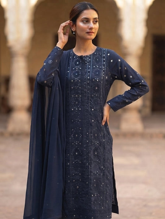 Pure lawn three piece with chiffon dupatta