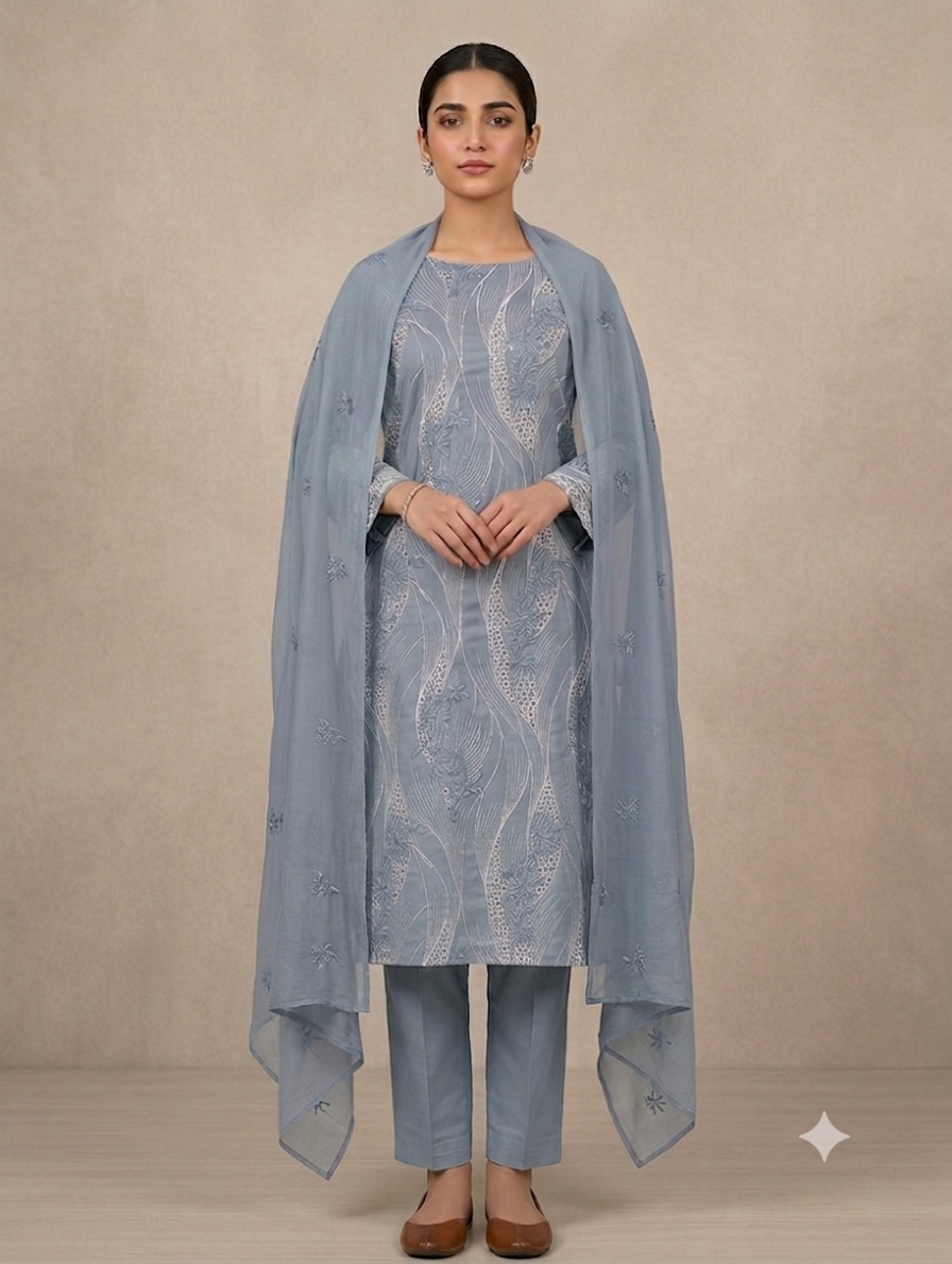 Premium Unstitched 3-Piece Steel Blue Embroidered Lawn Suit with Chiffon Dupatta