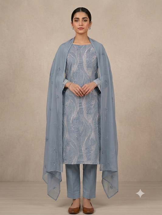 Premium Unstitched 3-Piece Steel Blue Embroidered Lawn Suit with Chiffon Dupatta