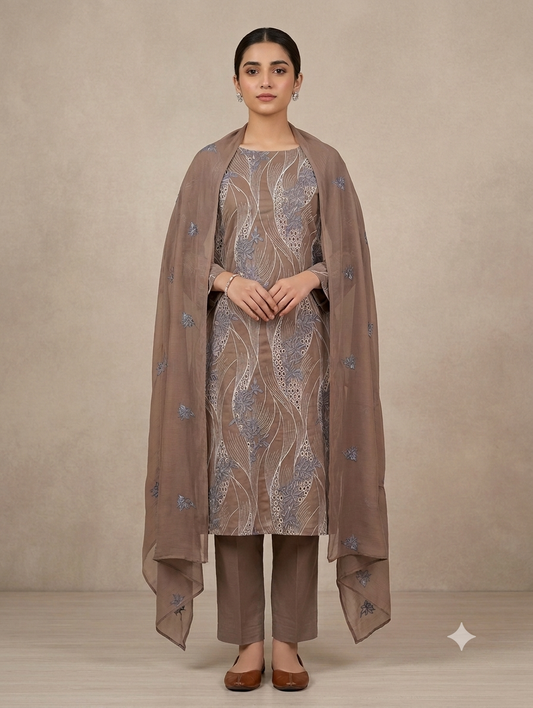 Premium Unstitched 3-Piece Mink Brown Embroidered Lawn Suit with Chiffon Dupatta