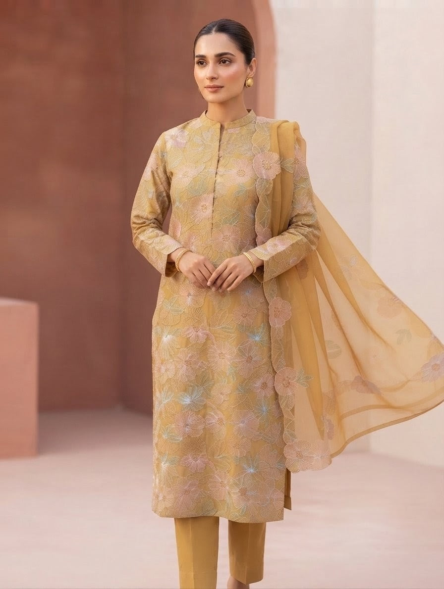 Lawn three piece with chiffon dupatta