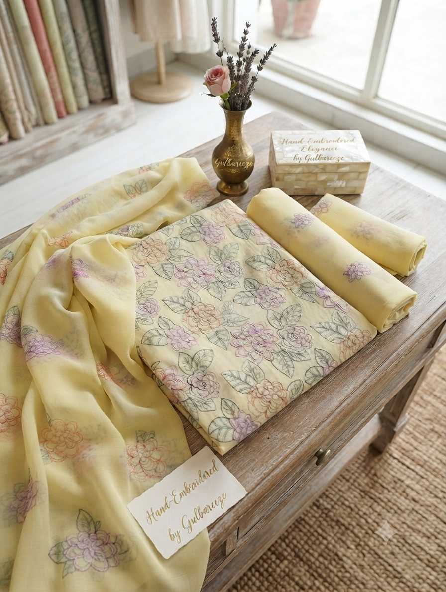 Premium Unstitched 3-Piece Off-White Pastel Floral Embroidered Lawn Suit with chiffon Dupatta