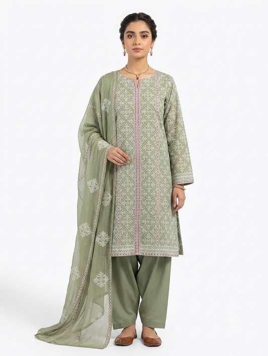Unstitched 3-Pc Embroidered Lawan Suit with Chiffon Dupatta - [Light Green]
