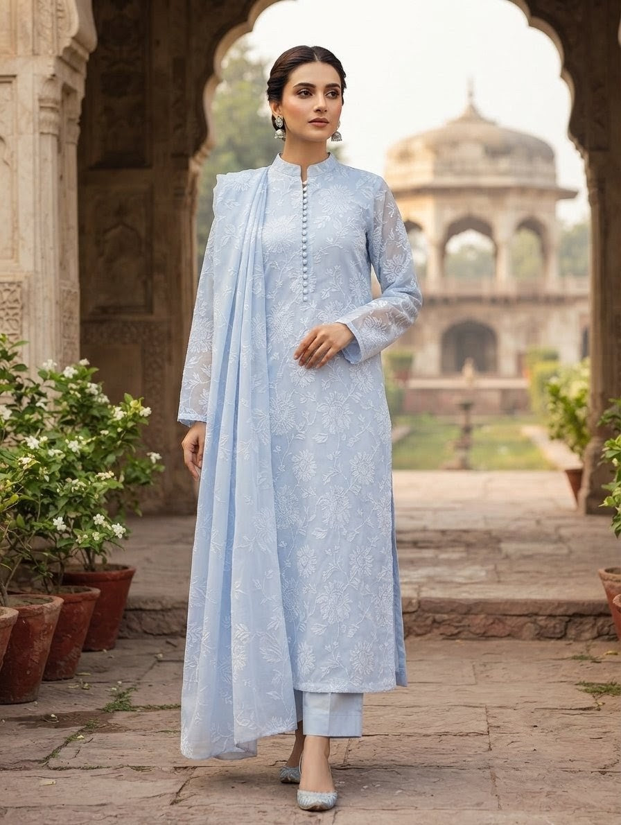 Pure silk cotton three piece with chiffon dupatta