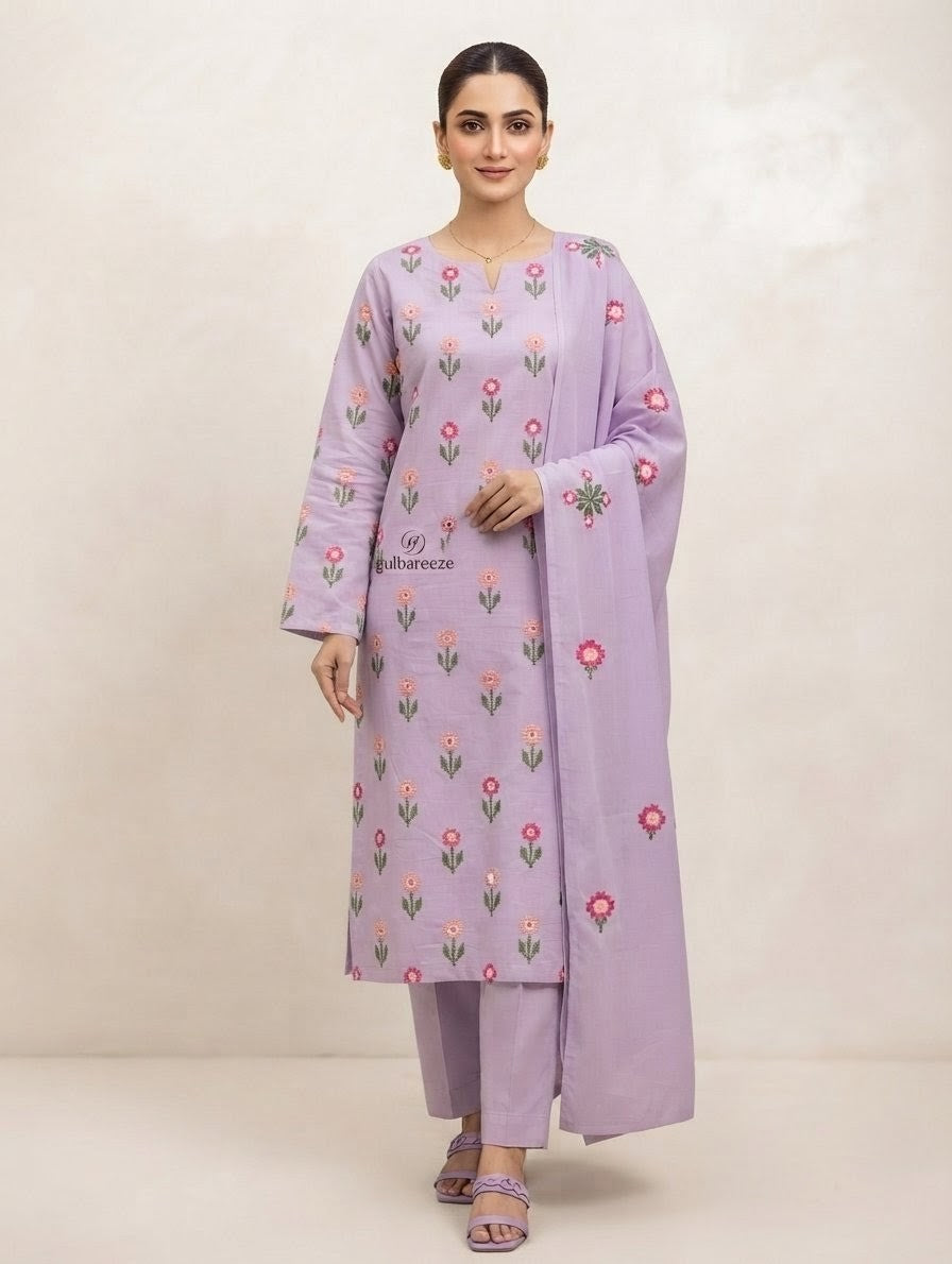 Lawn three piece with chiffon dupatta