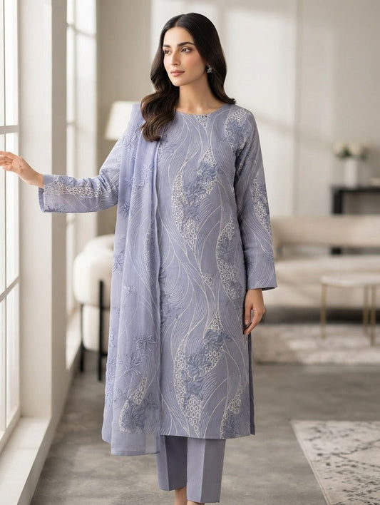 Premium Unstitched 3-Piece Slate Blue Embroidered Lawn Suit with Chiffon Dupatta