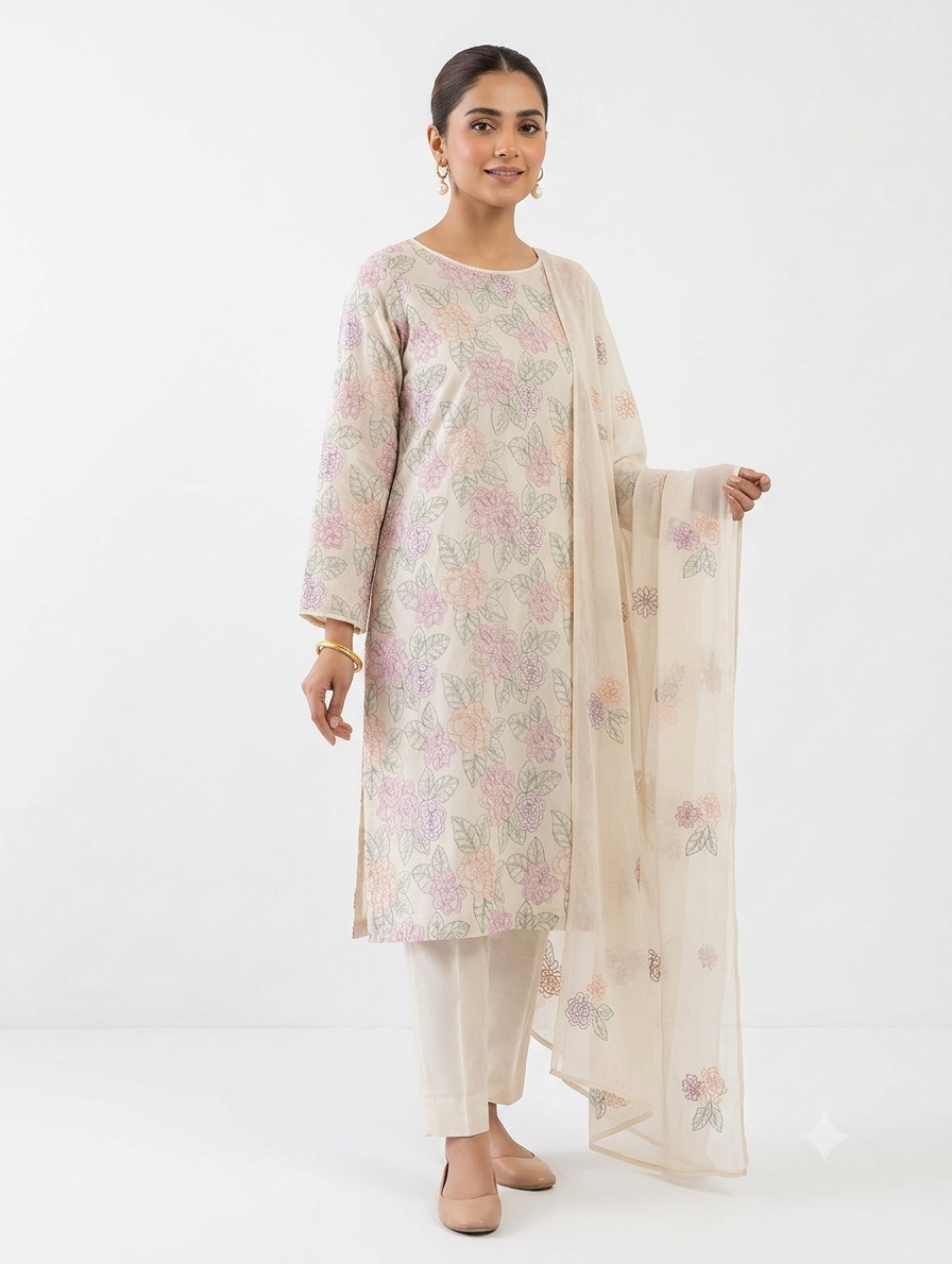 Premium Unstitched 3-Piece Off-White Pastel Floral Embroidered Lawn Suit with chiffon Dupatta