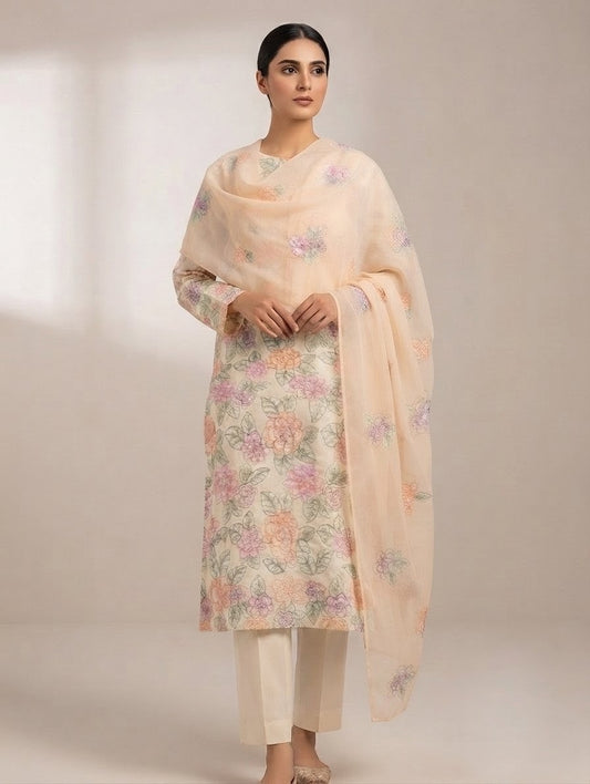 Lawn three piece with chiffon dupatta