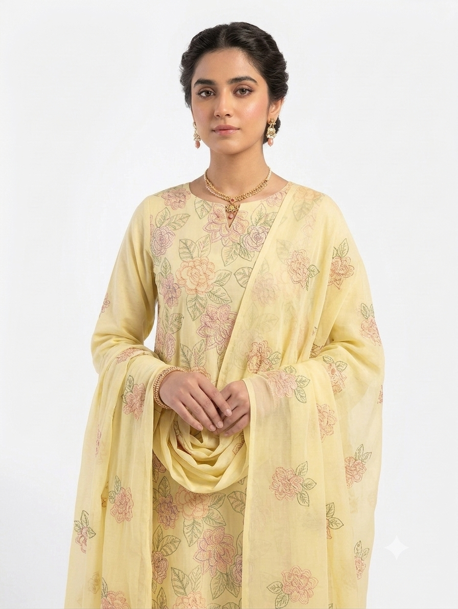 Premium Unstitched 3-Piece Pastel Lemon Yellow Embroidered Lawn Suit with Chiffon Dupatta
