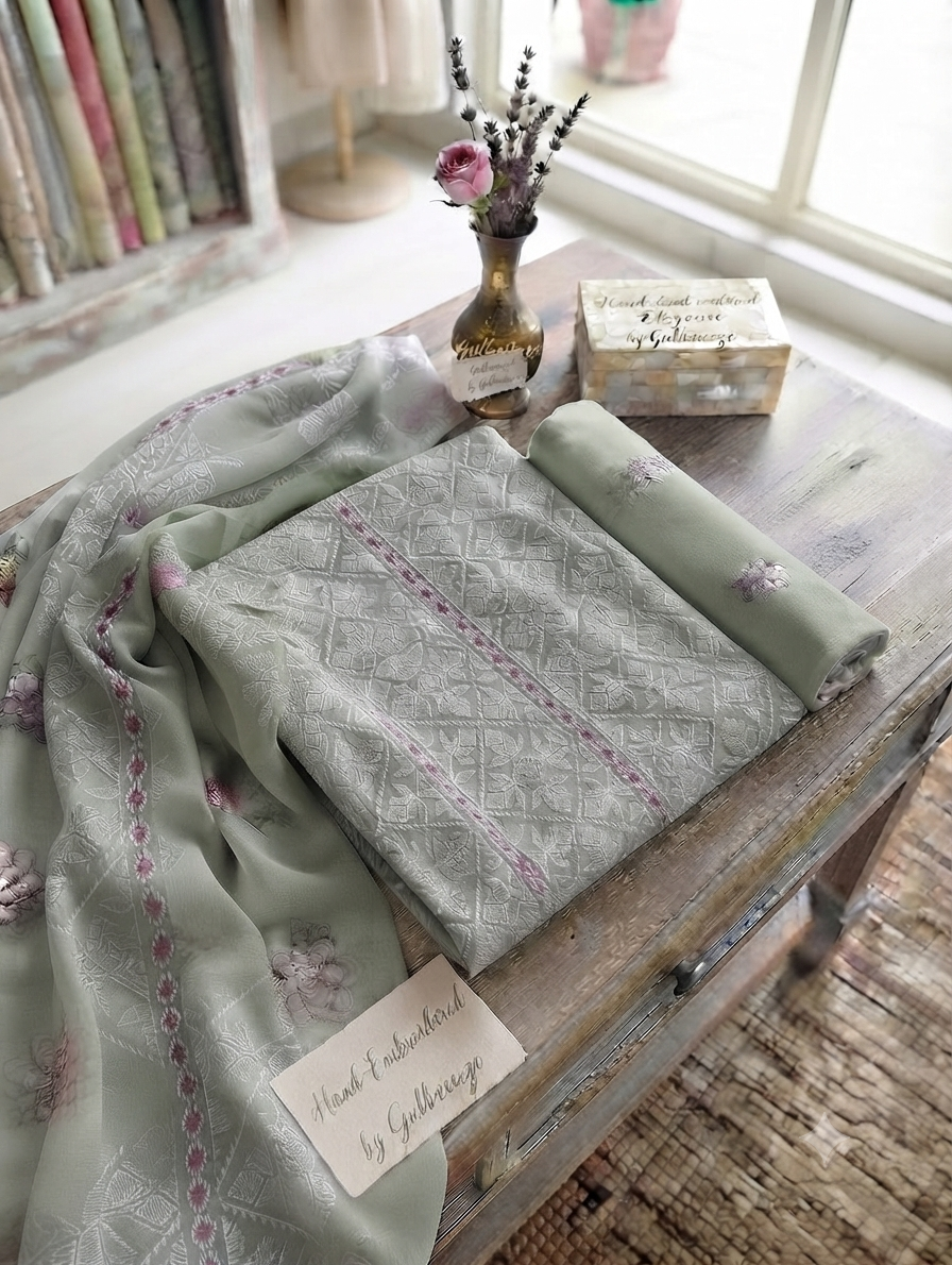 Premium Unstitched 3-Piece Charcoal Grey Embroidered Lawn Suit with Chiffon Dupatta