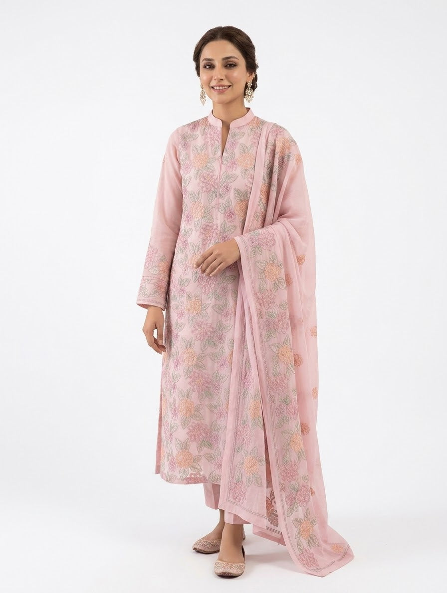 Premium Unstitched 3-Piece Baby Pink Embroidered Lawn Suit with Chiffon Dupatta