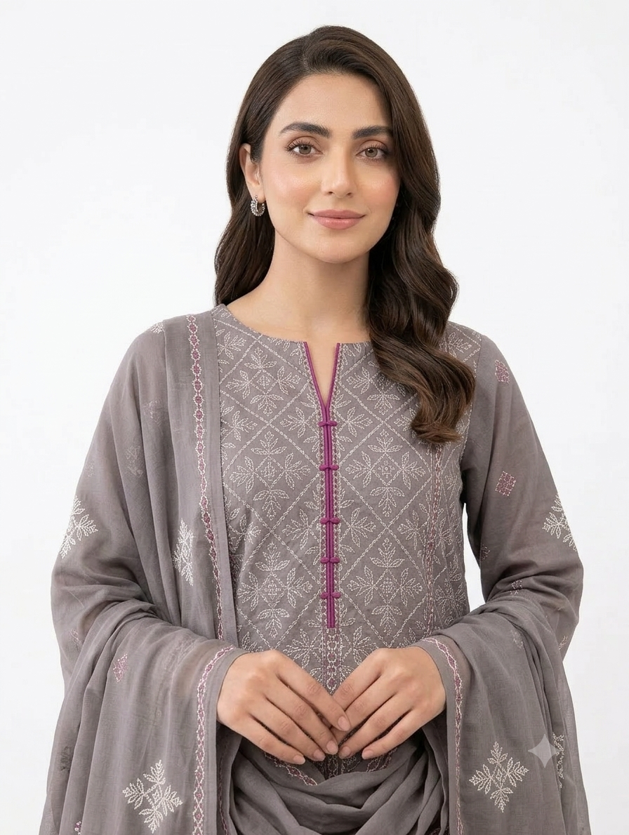 Premium Unstitched 3-Piece Charcoal Grey Embroidered Lawn Suit with Chiffon Dupatta