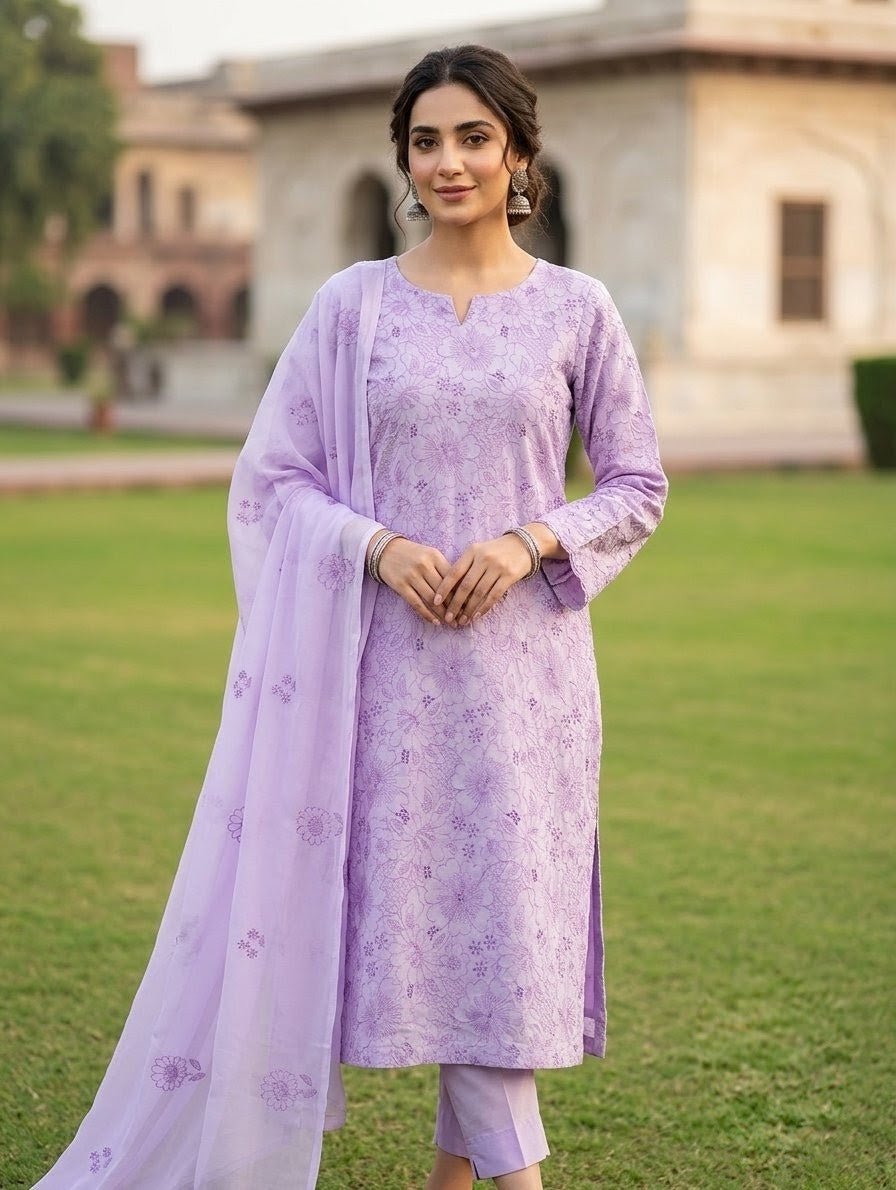 Pure silk cotton three piece with chiffon dupatta