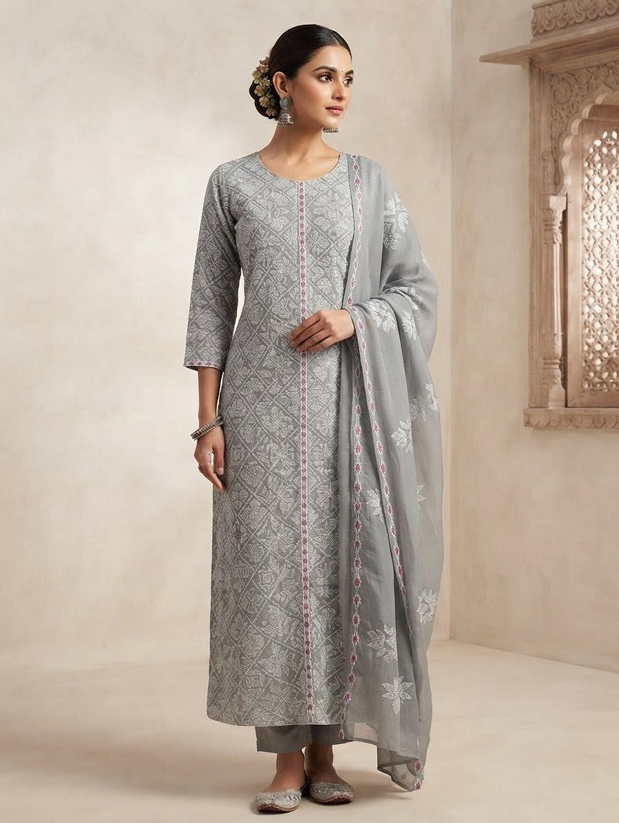 Unstitched 3-Pc Embroidered Lawn Suit with Chiffon Dupatta - [Lavender Blue ]
