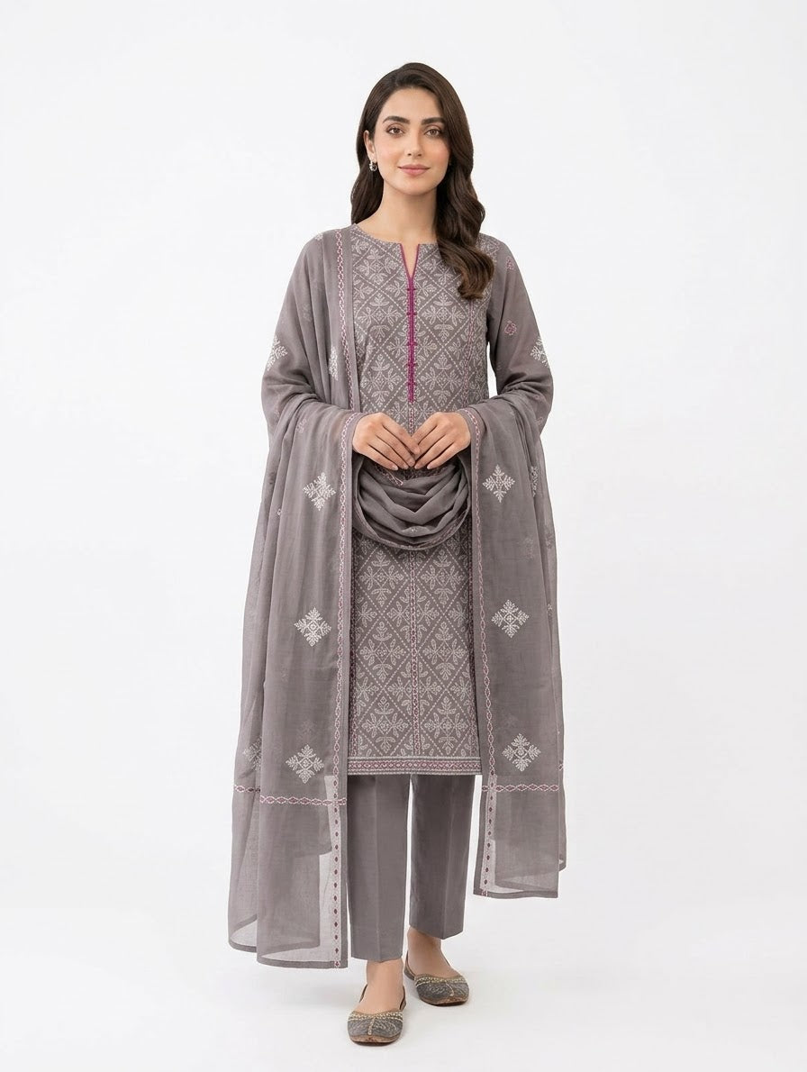 Premium Unstitched 3-Piece Charcoal Grey Embroidered Lawn Suit with Chiffon Dupatta
