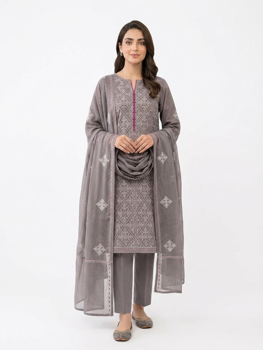 Premium Unstitched 3-Piece Charcoal Grey Embroidered Lawn Suit with Chiffon Dupatta